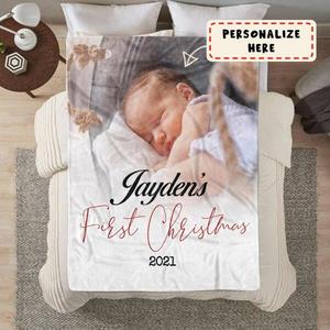 Personalized Baby Photo First Christmas Fleece Blanket, Baby Shower Gift 1st Christmas Cheap Online