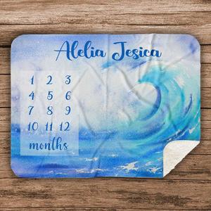 Baby Shower Gift, New Mom Gift, Monthly Baby Blanket, Milestone Ocean Waves Personalized Baby Blanket Cheap Best Seller