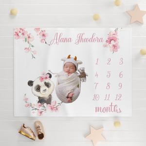 Cherry Blossom Milestone Blanket Girl , Panda Blanket For Baby,Personalized Baby Girl Blanket, Baby Shower Gift Official For Sale