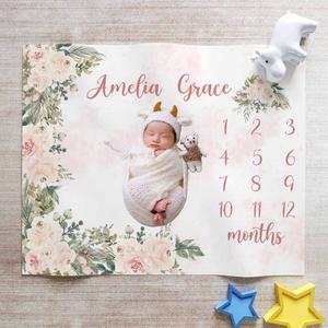 Blush Pink & White Floral Monthly Milestone Baby Girl Blanket, Newborn Baby Girl Blanket Free Shipping Low Shipping