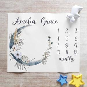 Boho Floral Blue Moon Milestone Baby Girl Blanket, Personalized Monthly Nursery Baby Girl Blanket Largest Supplier For Sale