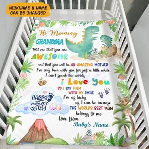 Personalized Hi Mommy Grandma Told Me That You Are Awesome Blanket, Happy 1st Mother's Day Cute Dinosaur Blanket Buy Cheap Recommend
