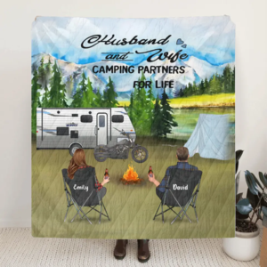 Custom personalized camping quilt blanket - Parents with Kids and Pets - Gift Idea For The Whole Family - Father's day gift, Mother's day gift - Husband and Wife Camping Partners For Life - Full Optio Limited Edition