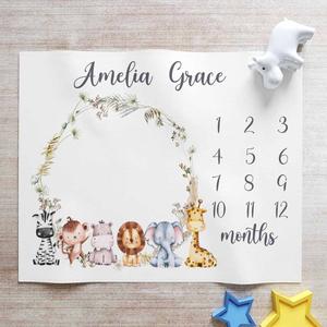 Safari Animals Milestone Baby Blanket, Personalized Monthly Nursery Baby Blanket Nicekicks
