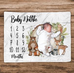 Woodland Milestone Blanket, Monthly Growth Tracker, Personalized Baby Blanket, Baby Shower Gift, New Baby Gift 100% Original Cheap Pice