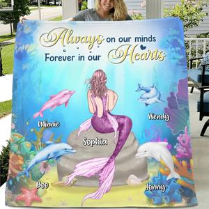 Custom Personalized Mermaid Quilt/Fleece Blanket - Upto 4 Dolphins - Gift Idea For Family - Always On Our Minds Forever In Our Hearts Buy Cheap Largest Supplier