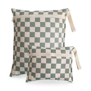 Mushie Water Resistant Wet Bag, set of 2- Olive Check Sale Purchase