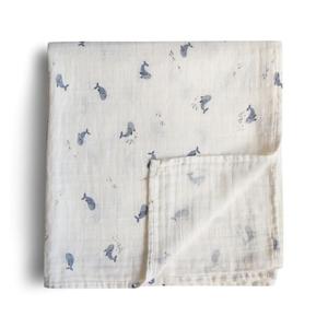 Mushie Organic Cotton Muslin Baby Swaddle - Whales Clearance For Nice
