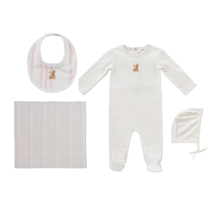 Pink Stripe Teddy Layette Set and Bib Clearance Inexpensive