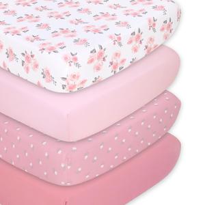 Pink Roses and Ditsy Floral 4-Pack Fitted Crib Sheet Set Collections Cheap Pice