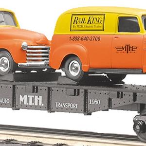 MTH O Gauge Model Trains 30-7681 MTH Auto Transport Flat w/2Ertl '51 Panel Vans Buy Authentic Online