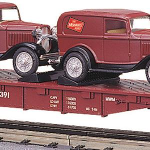 MTH O Gauge Model Trains 30-8303 Milwaukee Road Die-Cast Flatcar w/Ertl '32 Vans Best Sale Online