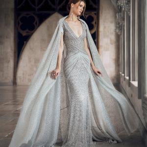 Platinum Dust Gown With Cape Extremely For Sale