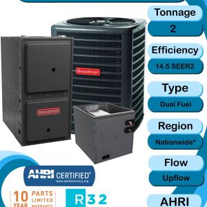 Goodman 2 TON 14.5 SEER2 Upflow R-32 Heat Pump System with 92% AFUE 60k BTU Low NOx furnace (GLZS4MA2410 condenser with GM9S920603BN furnace and CAPTA3022B3 coil) For Sale Top Quality