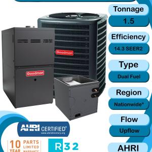 Goodman 1.5 TON 14.3 SEER2 Upflow R-32 Heat Pump System with 80% AFUE 40k BTU two stage furnace (GLZS4MA1810 condenser with GM9C800403AN furnace and CAPTA2422A3 coil) Sale Professional