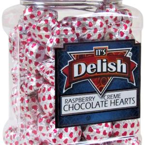 Raspberry Crème Chocolates Hearts in Silver & Red Foil 2.5 LBS Jumbo Jar Cheap Cost