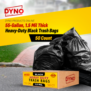 Dyno Products Online 55-Gallon, 1.5 Mil Thick Heavy-Duty Black Trash Bags, 50 Count - Large Plastic Garbage Liners Fits Huge Cans for Home Garden Lawn Yard Recycling Construction & Commercial Use Cheap High Quality
