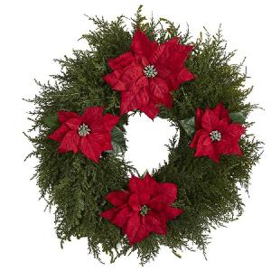 24" Cedar and Poinsettia Artificial Wreath Buy Cheap Best Wholesale
