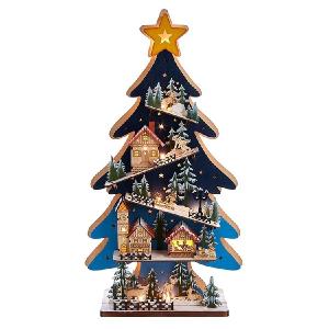 23.6" Multi-Color Wooden Christmas Tree with Village Scene, 15 Warm LED Lights, Cordless Big Discount Online