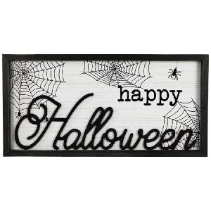 23.5" Rectangular Framed "Happy Halloween" Spider Web Wall Sign Cheap Sale Online Online