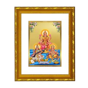 DIVINITI 24K Gold Plated Foil Lakshmi Ganesha Saraswati Photo Frame Idol for Home & Office Decor, Wall Hanging, Workshop, Table Top, Gift|DG103 Size 2 (22.6x18.4 CM) Best Seller