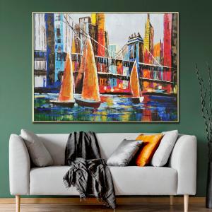 Sunset at Brooklyn Bridge Handpainted Wall Art (With Outer Floater Frame) Free Shipping 2025 Unisex