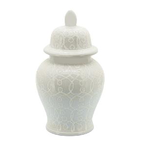 10" Ceramic Temple Jar - Ivory Genuine For Sale