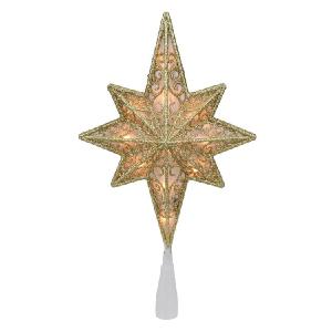 10" Lighted Gold Frosted Star of Bethlehem with Scrolling Christmas Tree Topper with Clear Lights With Mastercard