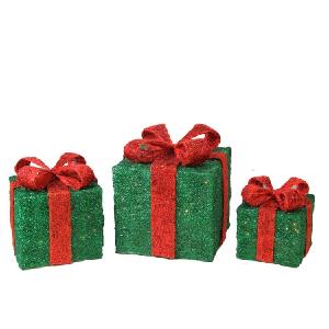 10" Green and Red Pre-Lit Sisal Gift Boxes with Bows Outdoor Christmas Decor Set of 3 Free Shipping Tumblr