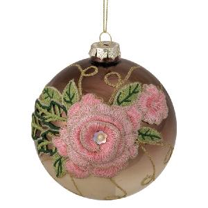 Two-Finish Brown and Pink Floral Applique Glass Christmas Ball Ornament 5" (125mm) Free Shipping Original