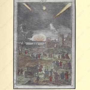 1719 - Medieval Town with Comets - Antique Celestial Print Free Shipping Low Cost