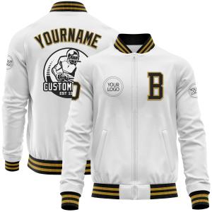 Custom White Black-Old Gold Bomber Varsity Letterman Zipper Jacket Shop Offer Online