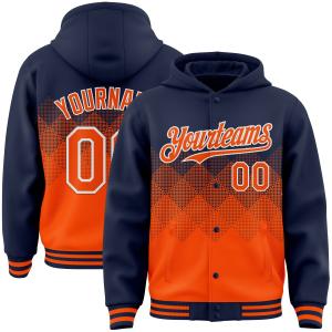 Custom Navy Orange-White Gradient Square Shape 3D Pattern Design Bomber Full-Snap Varsity Letterman Hoodie Jacket Free Shipping Tumblr