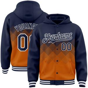 Custom Navy Texas Orange-White Gradient Square Shape 3D Pattern Design Bomber Full-Snap Varsity Letterman Hoodie Jacket Buy Cheap With Mastercard