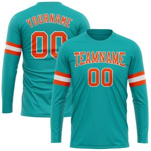 Custom Aqua Orange-White Long Sleeve Performance T-Shirt Cheap With Mastercard