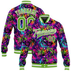 Custom Graffiti Pattern Neon Green-White 3D Bomber Full-Snap Varsity Letterman Jacket Factory Outlet Cheap Pice