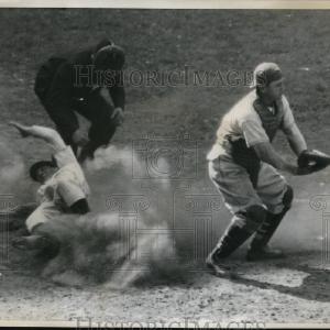 1936 Press Photo Dodgers Baseball Player Stripp Slides Home On Hassett Huge Surprise Cheap Online