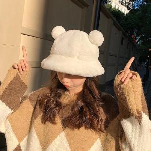 Plush Printed Fluffy Bear Ear Bucket Hats Online Online For Sale
