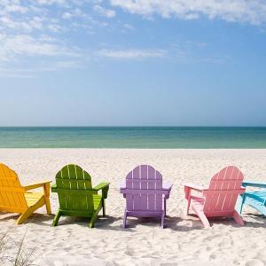 Rainbow Chairs On Beach (Framed) - Blue Sale Official