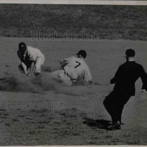 1945 Press Photo Phillies Vince DiMaggio slides safe over Giants George Haugmann Free Shipping Cheap Online