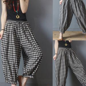 Plus Size Summer Plaid Drawstring Cotton Linen Harem Pants Sale Genuine