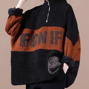 Plus Size Women Winter Color Stitching Zipper Sweatshirt Fake Cheap Online