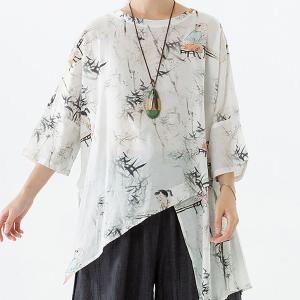 Plus Size - Women O Neck Linen Tencel Irregular T-shirt Cheap Sale Cost