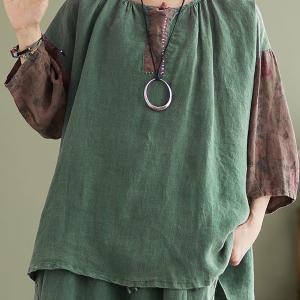 Linen Vintage Drop Shoulder Patchwork Women Loose T Shirt For Nice For Sale