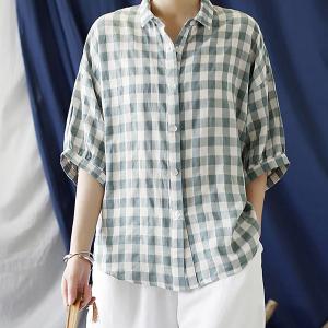 Plus Size Linen Summer Plaid Vintage Women Loose Shirt Outlet Locations Cheap Pice