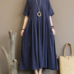 Plus Size Pleated Plaid Vintage Women Chinese Style Dress Online Sale