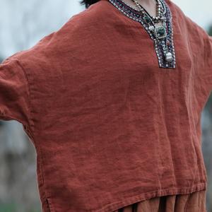 Women Chinese Ethnic Spliced Embroidery 100%Linen Shirt Free Shipping 2025 New