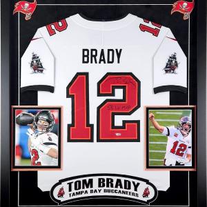 Tom Brady Signed Tampa Bay Buccaneers Jersey Inscribed SB LV MVP Framed Fanatics Sale Footlocker Pictures
