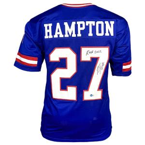 Rodney Hampton Signed ROH 2022 Inscription New York Blue Football Jersey (Becket Free Shipping Recommend
