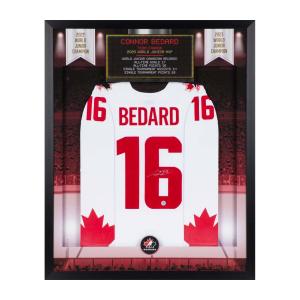 Connor Bedard Signed Team Canada Junior Champion Graphic 36x44 Jersey Frame Free Shipping Discounts